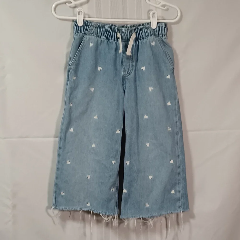 Gap Jeans Girls L Blue Easy Wide-Leg Pull-On Hearts Embroidered Raw Hem S835159